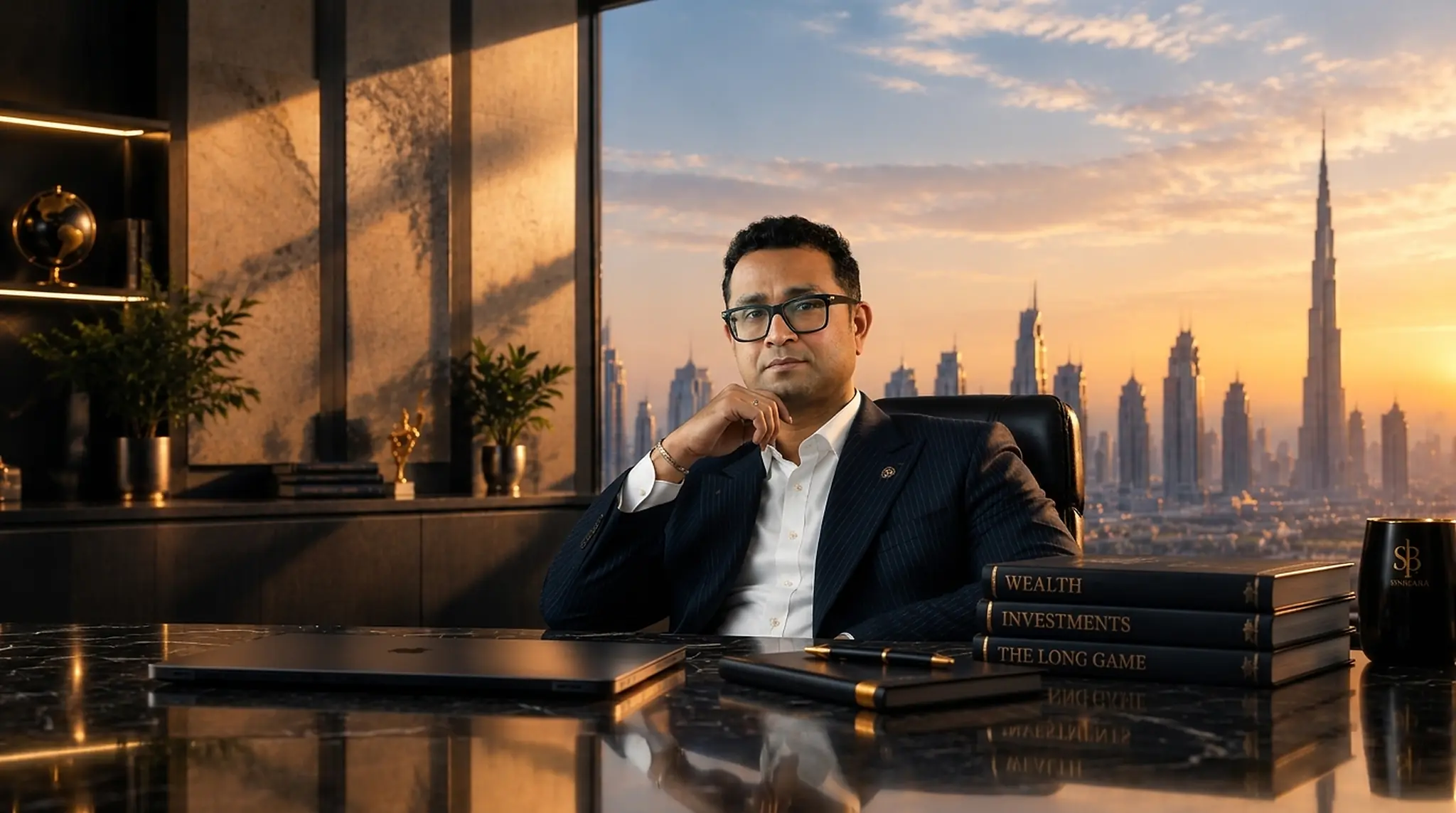 Sanjit Banerjee, financial advisor, in his Dubai office overlooking the skyline